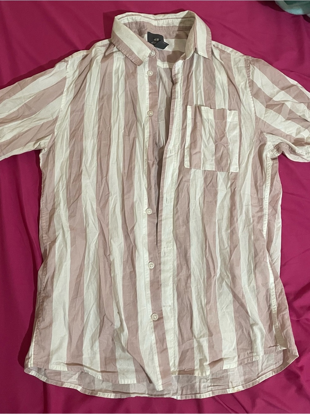 H&M Men's Pink and White Vertical Stripe Button-Down Shirt
